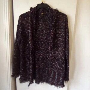 Lee Black Marled Open Front Fringe Cardigan Sweater Women’s Size M Cozy Textured